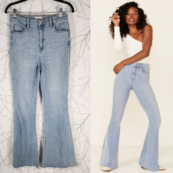 Cello Light Wash Stretch Denim High Rise Flare Jeans Raw Hem - Picture 1 of 7